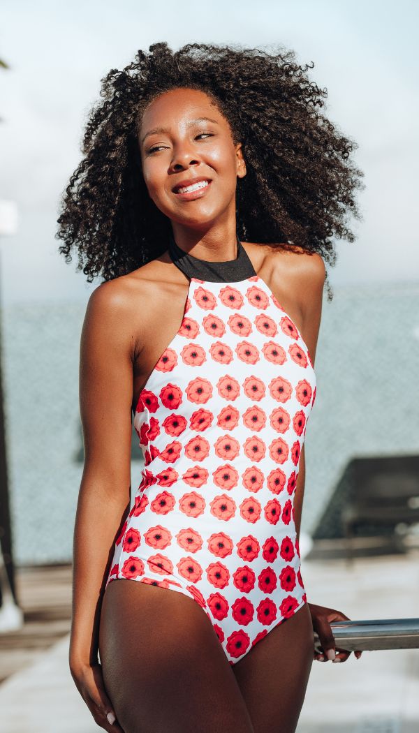 White one-piece swimsuit / body suit with Poppy flowers