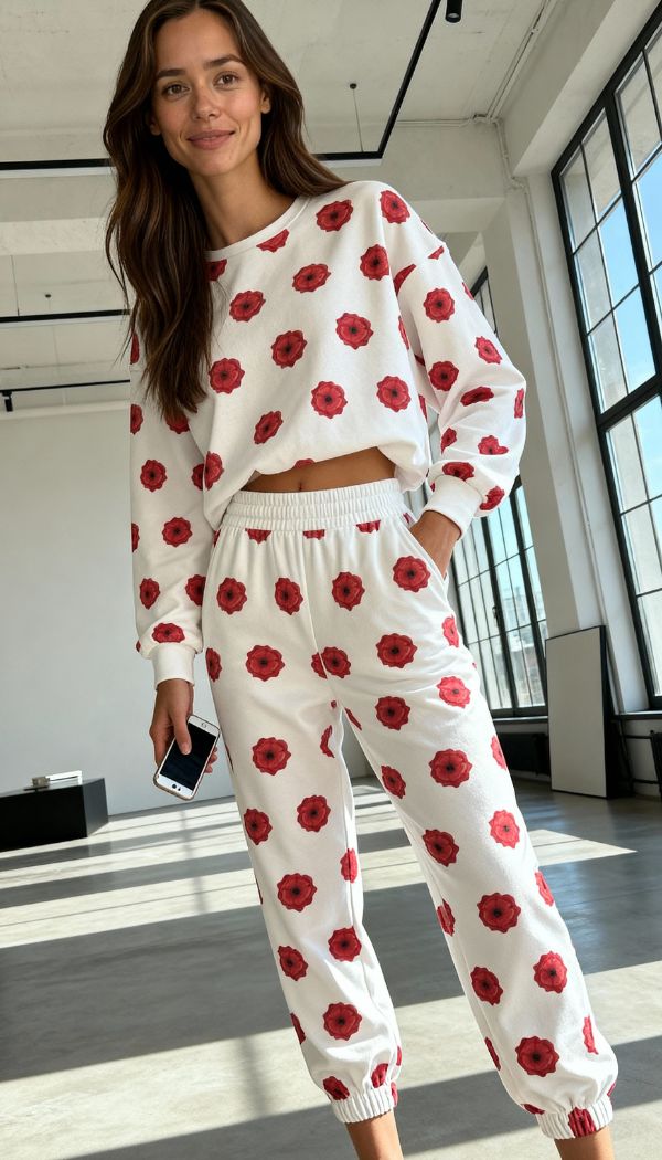 Model wearing white knitted sweater and pants with poppy flower print