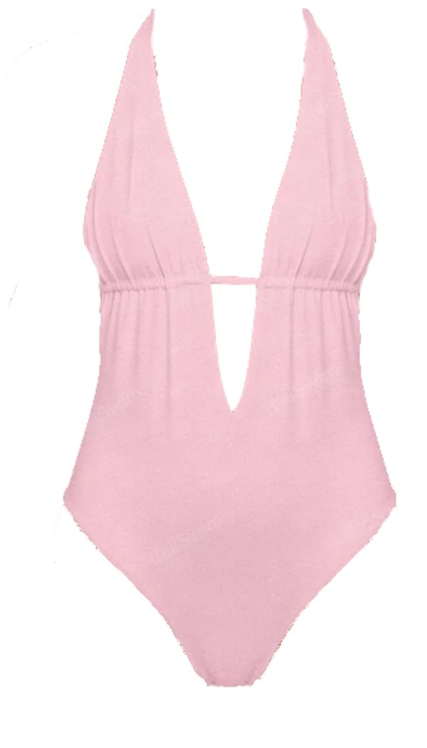 Pink one-piece swimsuit on a white background