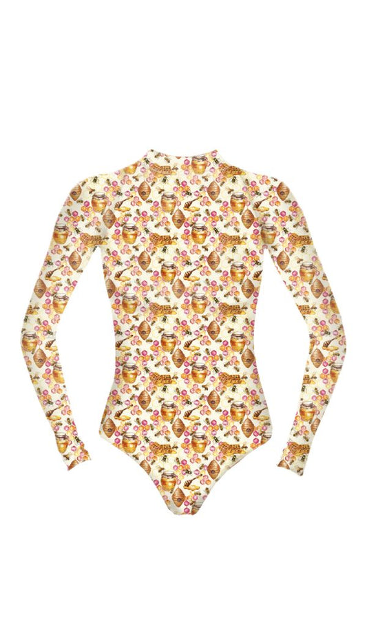 Long sleeve rash guard with honeycomb and bee print