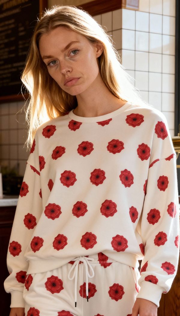 Model wearing white knitted sweater and pants with poppy flower prints