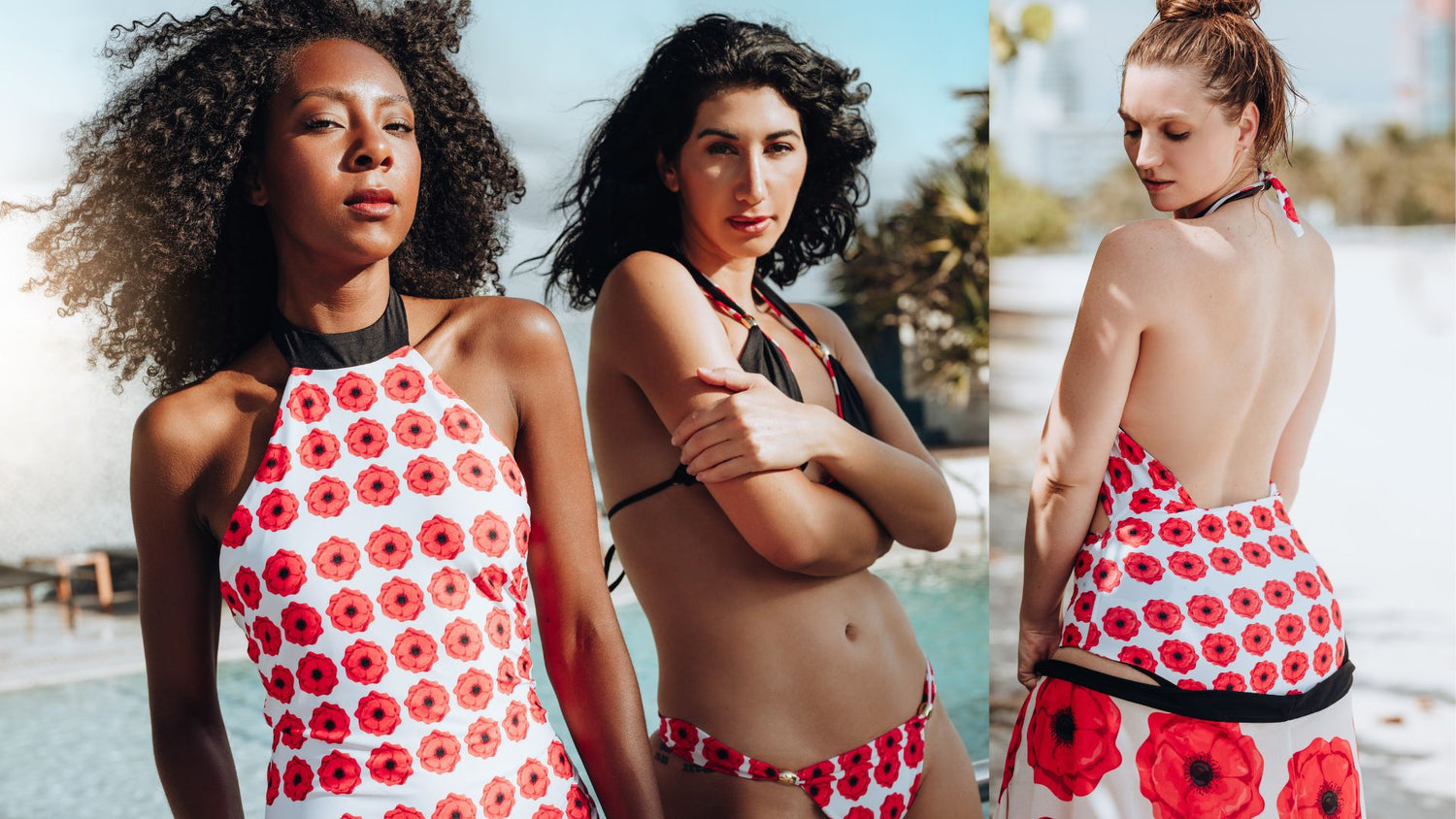 Three women wearing swimsuits with poppy flowers by a poolside.
