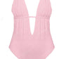 Pink one-piece swimsuit on a white background