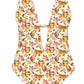 One-piece swimsuit with honeycomb and bee print on a white background