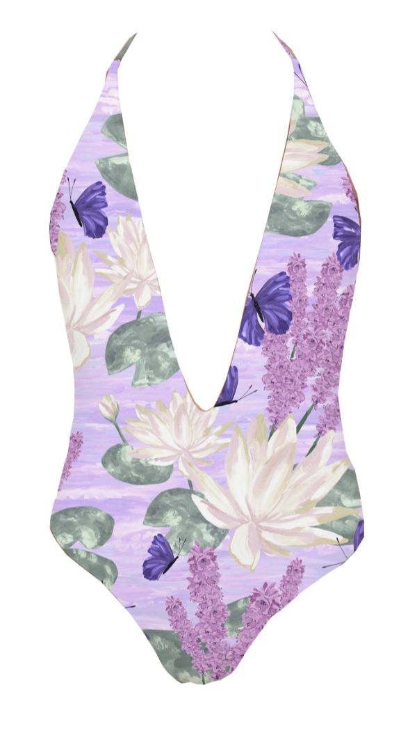 Floral-patterned swimsuit with a purple background on a white background