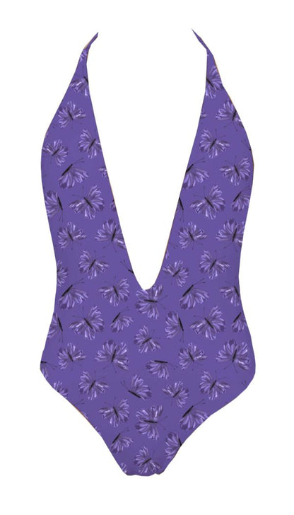 Purple swimsuit with butterflies on a white background