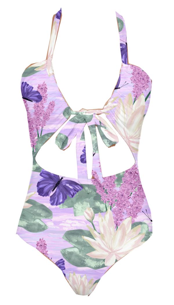 One-piece swimsuit with floral and butterfly design on a white background