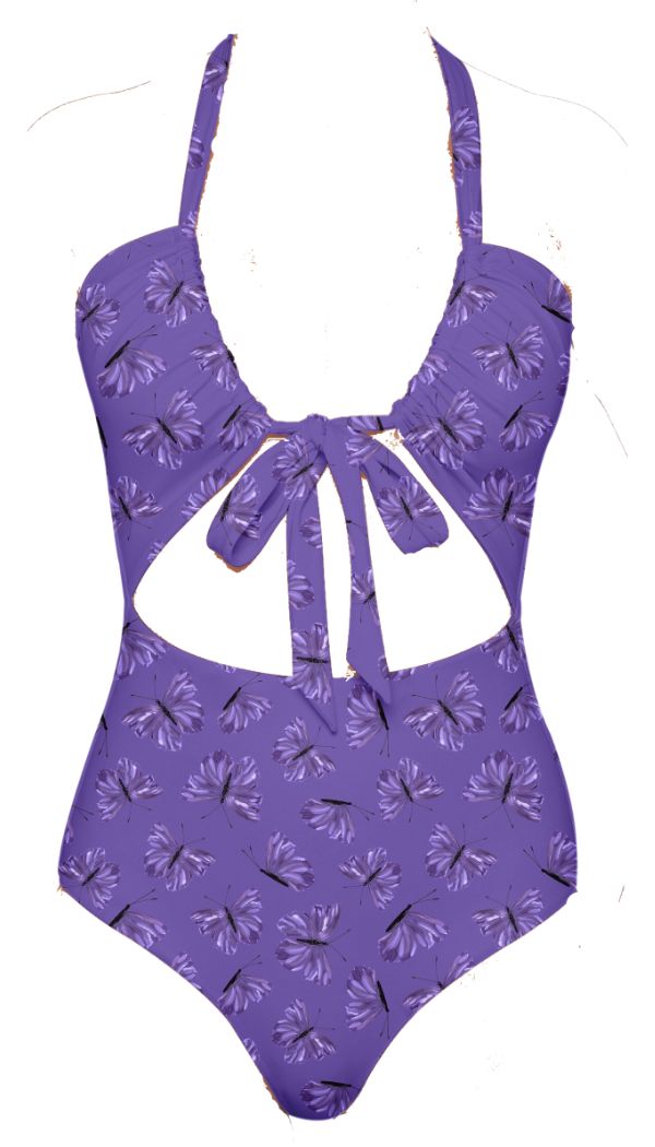 Purple butterfly-patterned swimsuit on a white background
