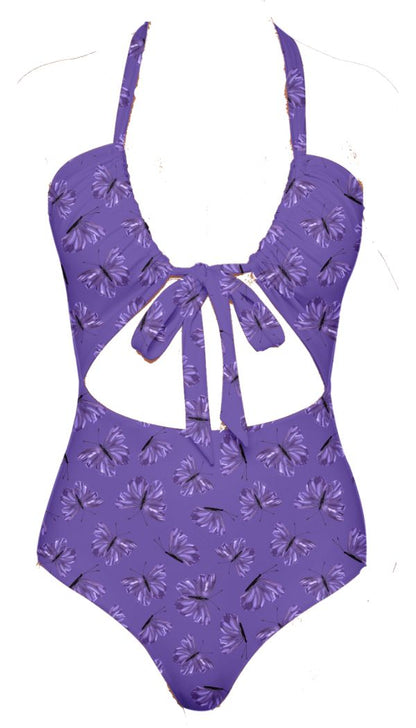 Purple butterfly-patterned swimsuit on a white background
