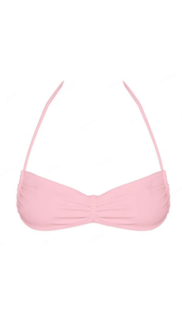 Pink bikini top with thin straps on a white background